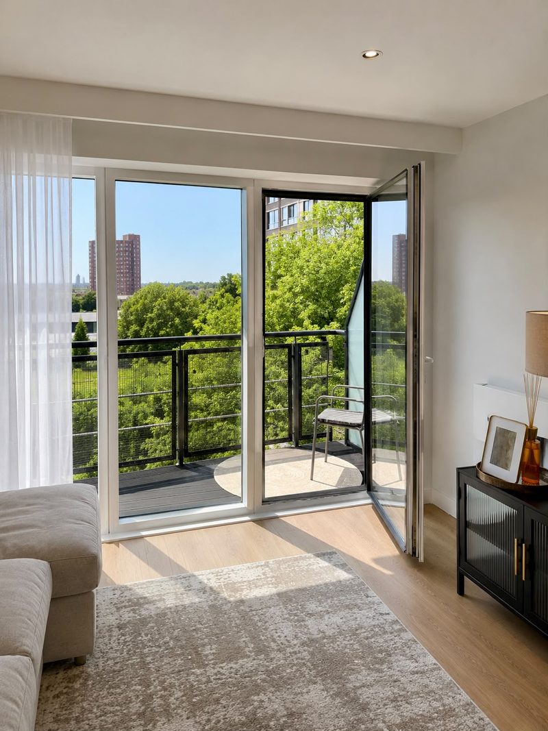 Living space opening onto a balcony with a view over trees and the river