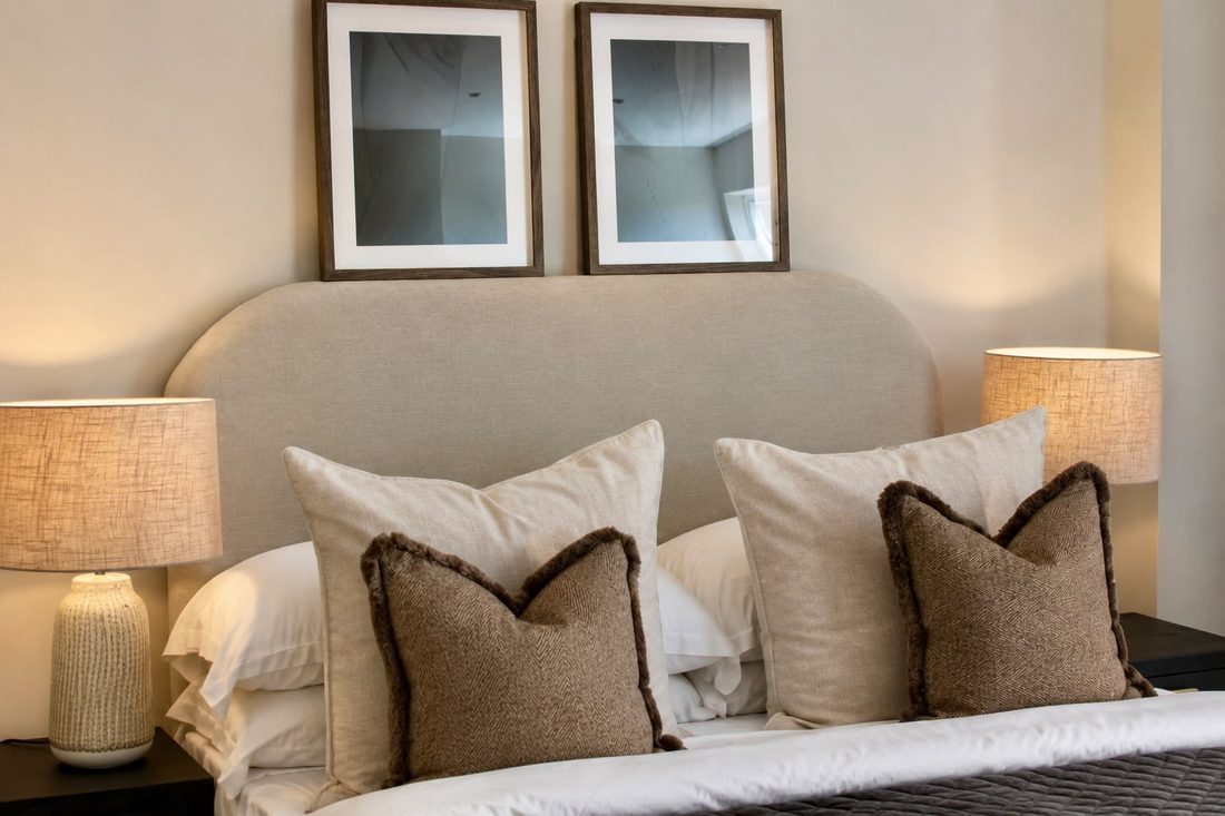 Bedroom with an upholstered headboard, layered cushions and bedside lamps